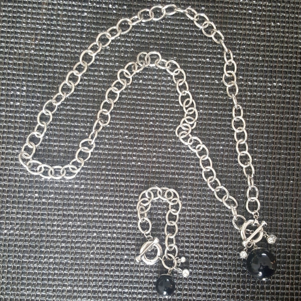 Olsen Silver-tone Black Ball Necklace Bracelet Set